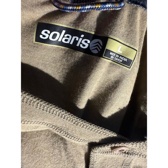 Solaris Men’s Henley Shirt Large Tan Gray Raglan Long Sleeve Casual - Picture 4 of 5